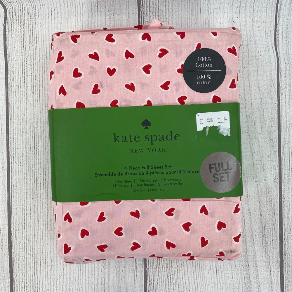 Kate Spade Sheet Set FULL Pink Red Brushstroke Hearts 100% Cotton Valentines